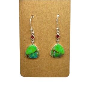 Kingman Mine Green Turquoise Garnet Earrings Solid 925 Sterling Silver